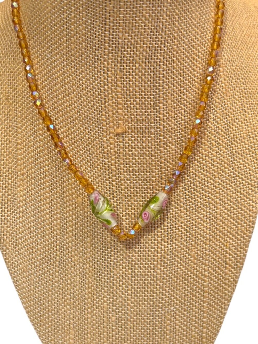 Vintage Glass Amber Beaded Necklace With Floral Lampworks beads Accents & Lobste